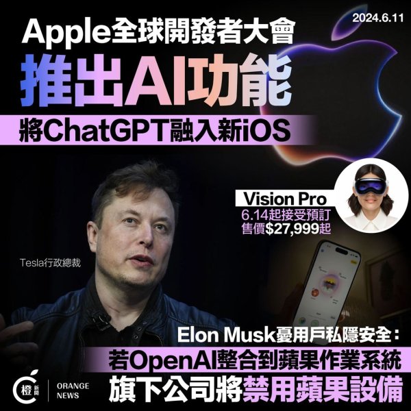 馬斯克：若iOS等整合ChatGPT 將禁止使用蘋果產品

蘋果公司宣布將在iOS 18等作業系統加入ChatGP...