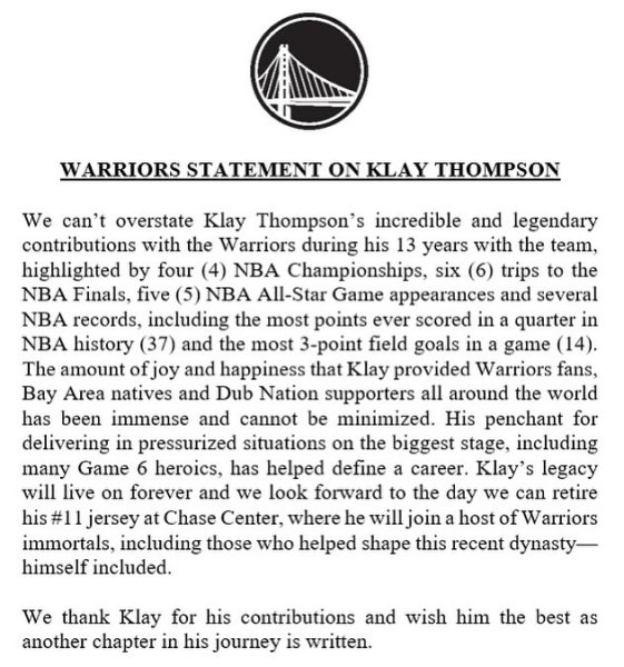 Golden State Warriors on losing Klay Thompson: “We thank ...
