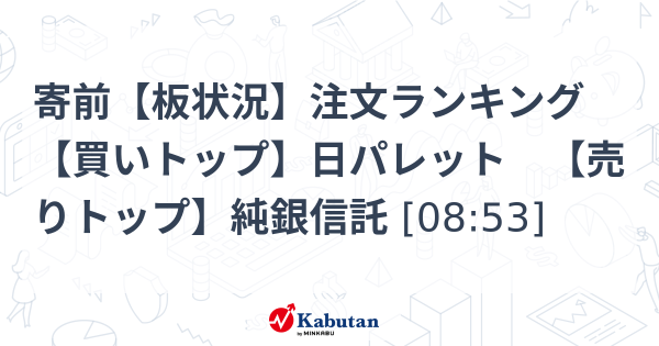 寄前【板状況】注文ランキング　【買いトップ】日パレット　【売りトップ】純銀信託 [08:53] | 特報 - 株探ニュース