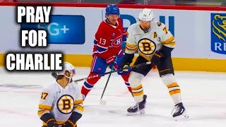 Charlie McAvoy Injury takes a slap shot to the face | Boston Bruins vs Canadiens 2025 Highlights