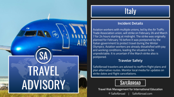 Aviation workers are planning to strike in Italy on February 26 and March 7. - SafeAbroad