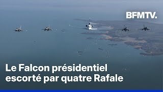 Le Falcon d'Emmanuel Macron escorté par quatre Rafale avant son discours sur la dissuasion nucléaire