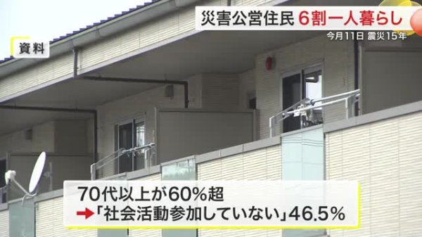 宮城県内の災害公営住宅 住民の６割が一人暮らし ７０代以上が６０％以上　コミュニティー支援が課題に（仙台放送ＮＥＷＳ）｜ｄメニューニュース