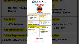 IOCL Recruitment 2025 | New Vacancy 2025 | IOCL Notification 2025 | Daily Job Alerts #shorts