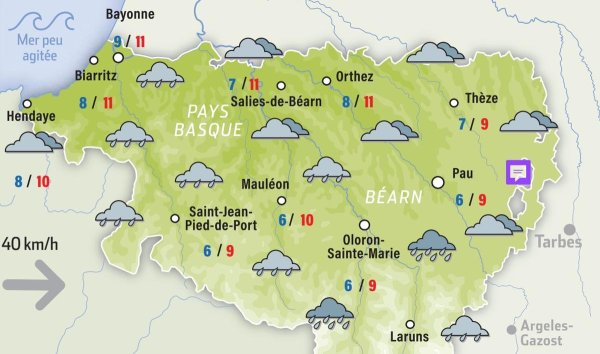 La météo de ce samedi 14 mars à Pau, en Béarn et au Pays basque : en vigilance jaune pluie et neige-verglas [et de la neige dès 800 m !]