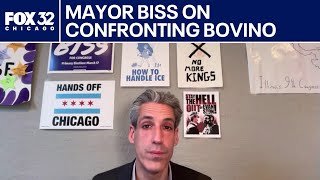 Evanston Mayor Daniel Biss reacts after confronting Border Patrol chief
