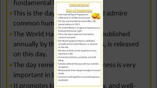 Essay on International day of Happiness #happy #happiness #shorts #ytshorts #happinessday #day #yt