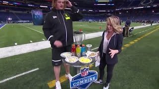 Ben Bartch makes his calorie smoothie at his combine interview