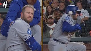 Max Muncy Gets Hit in the Head by a Pitch from Matt Gage