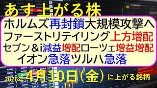 ホルムズ再封鎖で大規模攻撃。ファーストリテイリング上方増配。セブンi減益。ローツェ増益。イオン急落～あす上がる株　2026年４月１０日（金）に上がる銘柄。最新の日本株情報。高配当株の株価やデイトレ情報