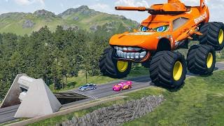 Big & Small McQueen & Police Car vs Zombie Mack, Giant Speed Bumps Downhill Race – BeamNG.drive