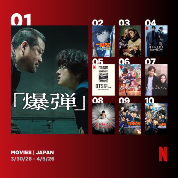 Netflix週間視聴ランキング（映画）：『爆弾』初登場1位、劇場版『名探偵コナン』3作品がランクイン、『HUMINT/ヒューミント』は4位に【3/30/26 - 4/5/26】（オリコン） - Yahoo!ニュース