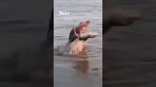 Moment woman picks up ‘log’ in water but realises it’s actually an alligator