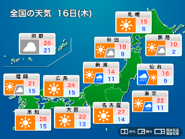 明日4月16日(木)の天気予報　西から天気回復　昼間は暑いくらいの所も - ウェザーニュース