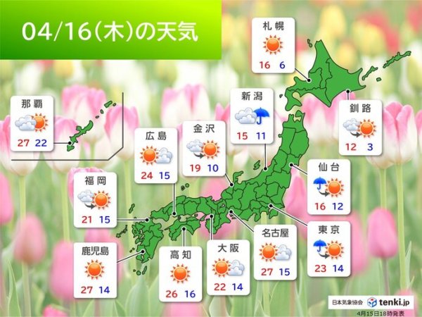 明日16日　関東～東北は朝まで雨　東海～九州は汗ばむ陽気　名古屋は27℃予想(気象予報士 堂本　幸代)